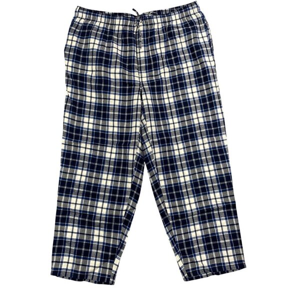 NWOT Lands' End Men's XXL Flannel Pajama Pants Navy & Ivory Plaid Cotton - Picture 1 of 7